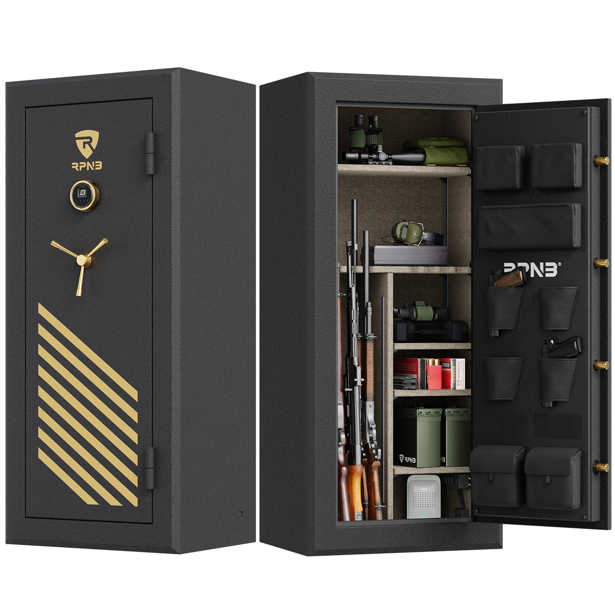 RPNB RPFS24-B 24 Gun Fireproof Biometric Gun Safe Black Door Open & Closed with Rifles