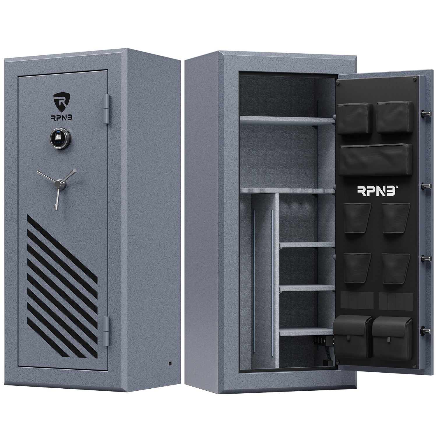 RPNB RPFS24-G 24 Gun Fireproof Biometric Gun Safe Grey Door Closed & Open Empty