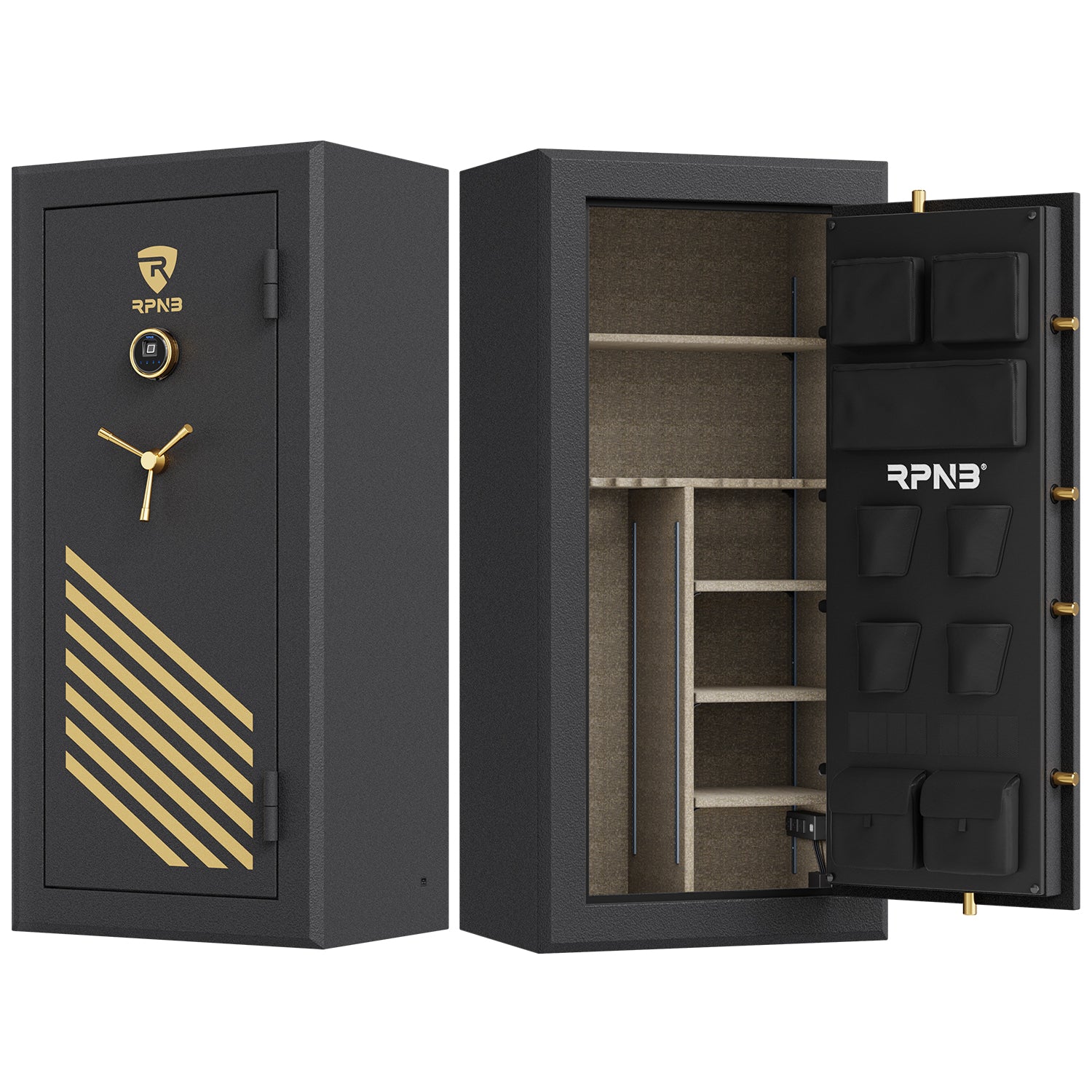 RPNB RPFS30-B 30 Gun Fireproof Biometric Gun Safe Black Door Closed & Open