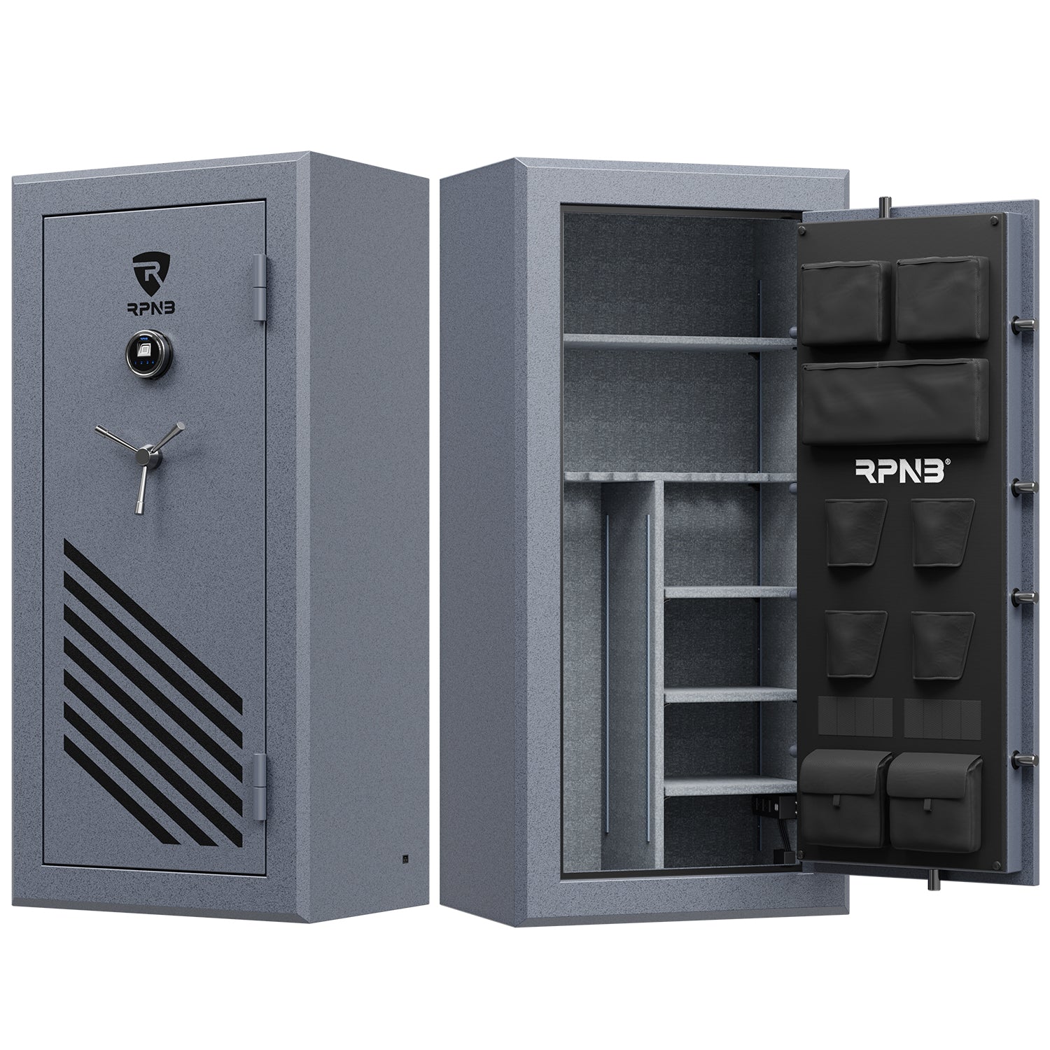 RPNB RPFS30-G 30 Gun Fireproof Biometric Gun Safe Grey Door Closed & Open Empty