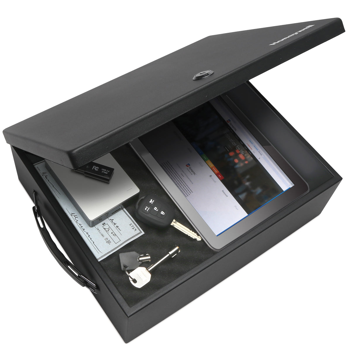 Honeywell 6209 Large Steel Security Cash Box with Key Lock & Handles Open with Keys & iPad