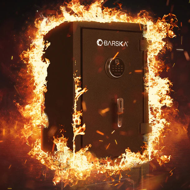 Barska AX13744 Biometric Keypad Fire Resistant Safe Surrounded by Fire