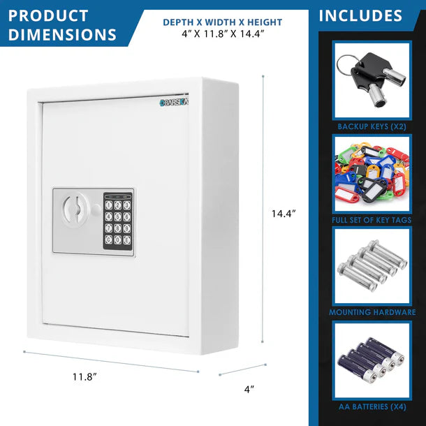 Barska AX13964 40 Capacity Fixed Position Key Cabinet with Digital Keypad Product Dimensions and Included Accessories