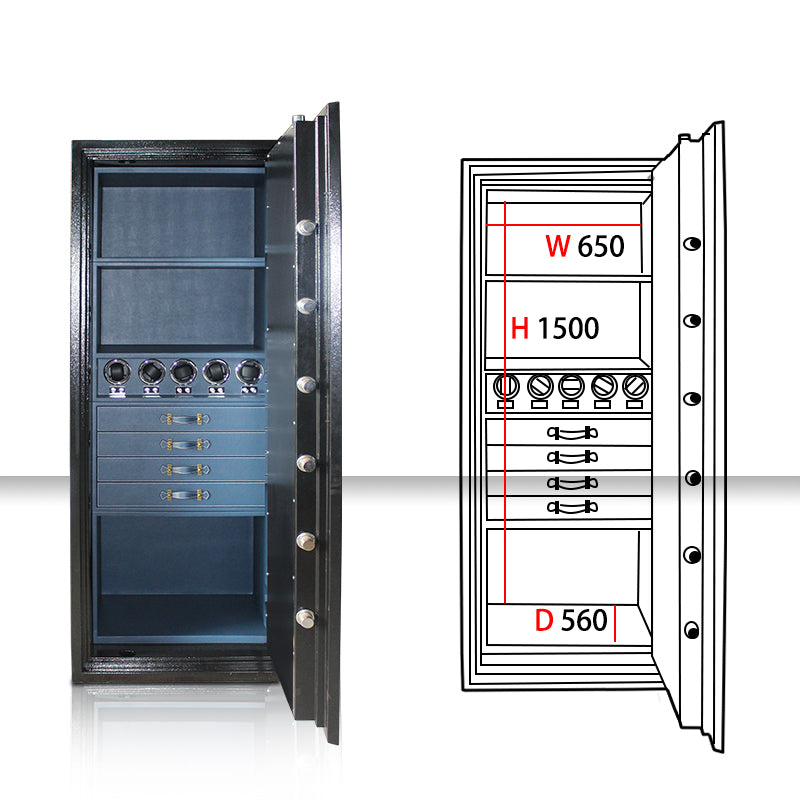 JB Large Watch Winder & Jewelry Safe Fireproof 4 Jewelry Drawers & 5 Watch Winders Inside Dimensions