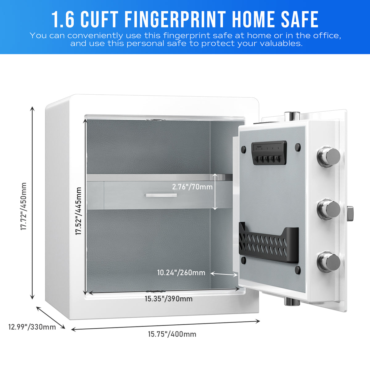 RPNB RPHS45W Smart Touch Screen Biometric Fingerprint Security Safe White Door Open Dimensions