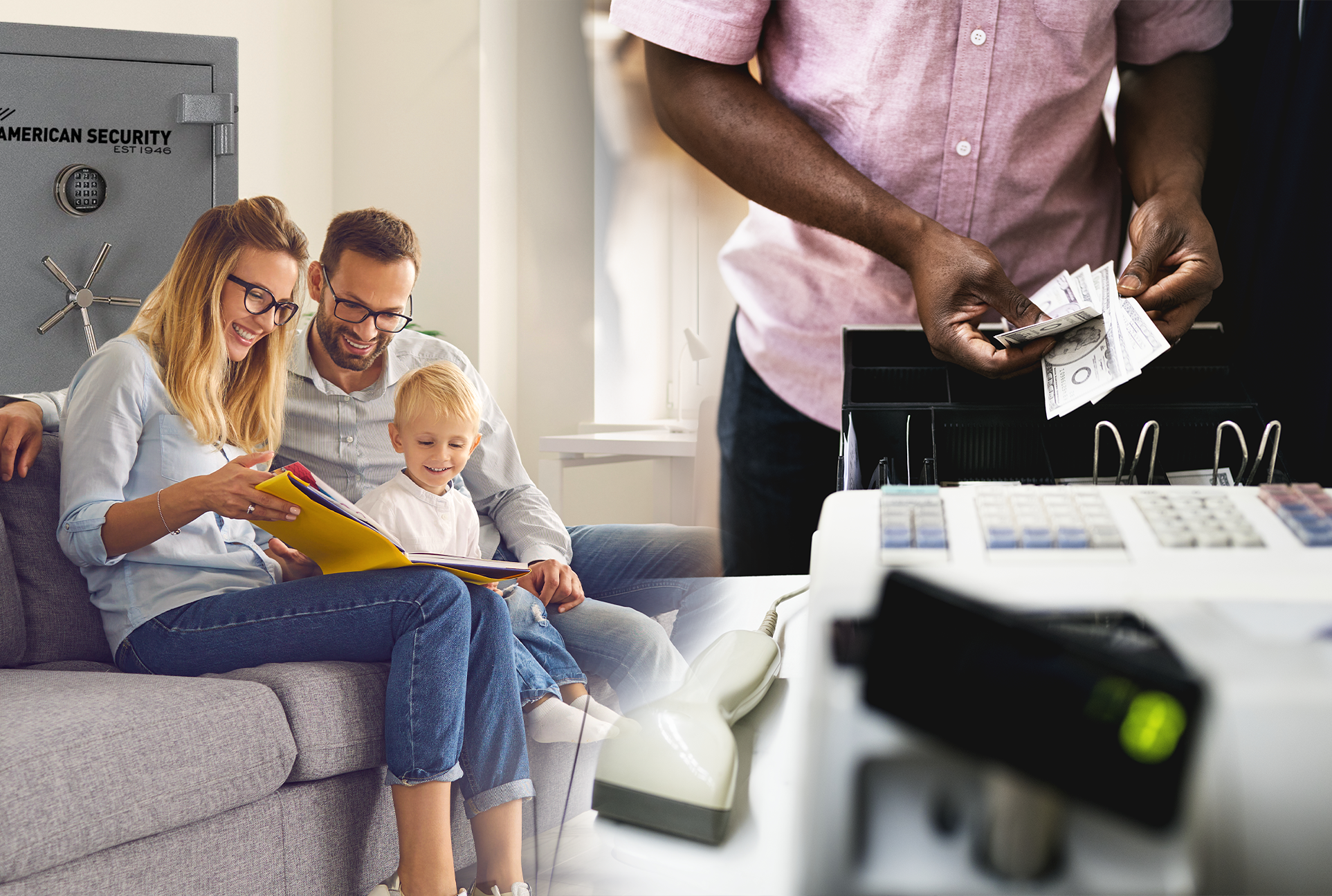 Family sitting on a couch reading to their son & man taking cash out of a register