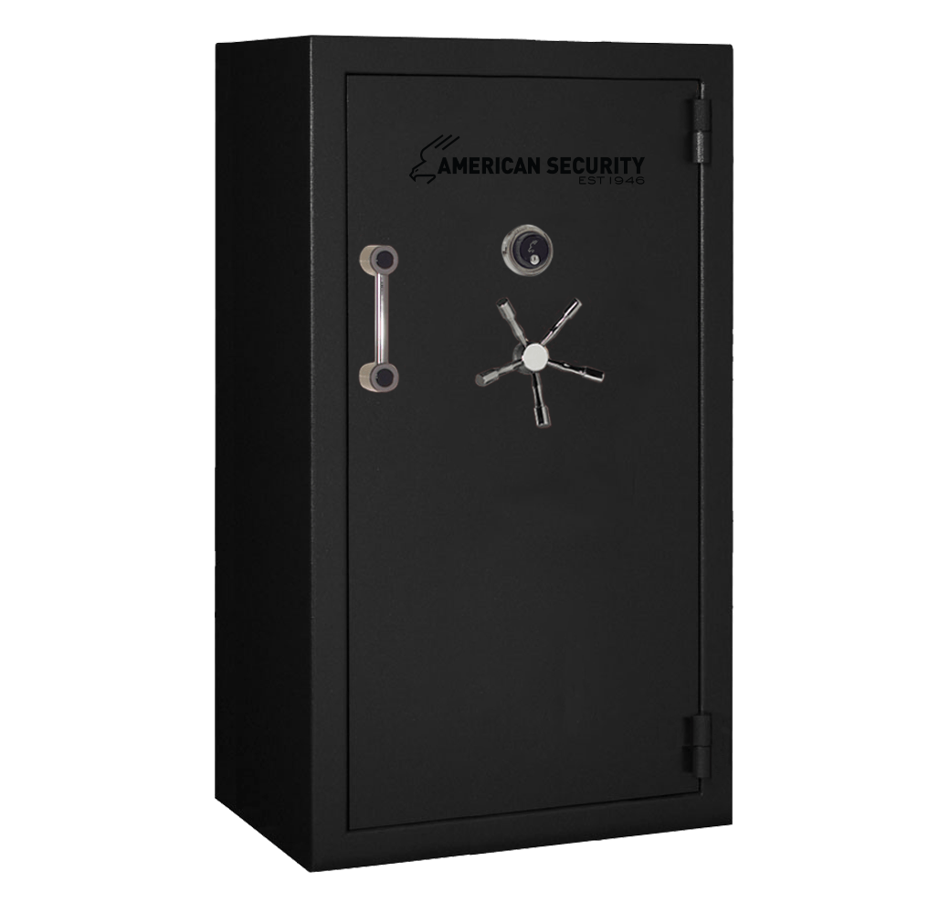 AMSEC BFX6636 gun safe in black textured finish showing front door, pull handle, and dial combo lock— Made in USA, 2-hour fire rated