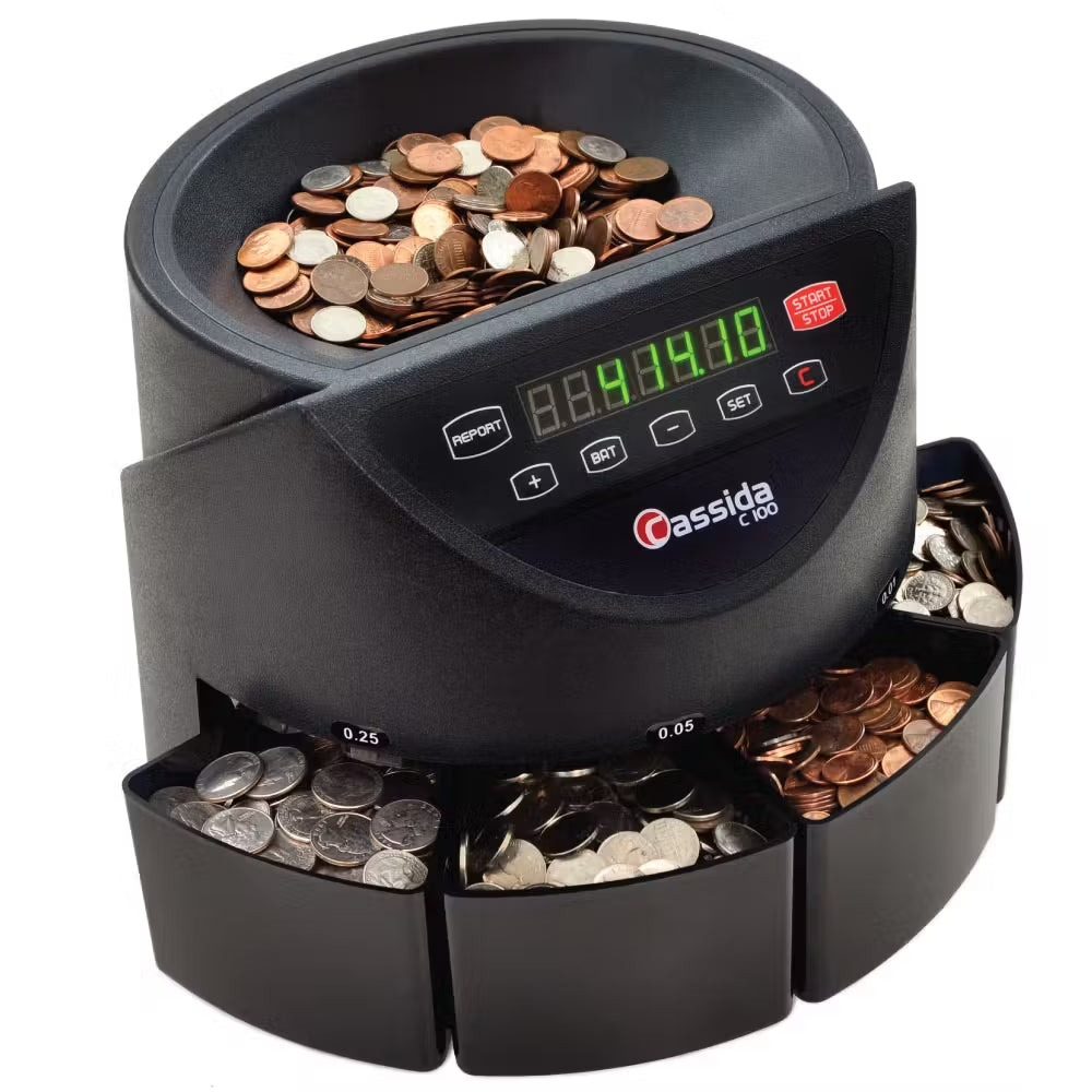 Cassida C100 Electronic Coin Counter and Sorter Angled