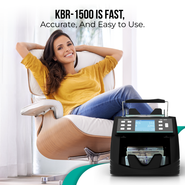 Kolibri KBR-1500 Mixed Bill Counter with Lady sitting in Chair leaning back