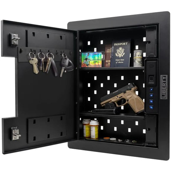 Liberty HDW-100X-R Wall Safe Black Door Open with Handgun