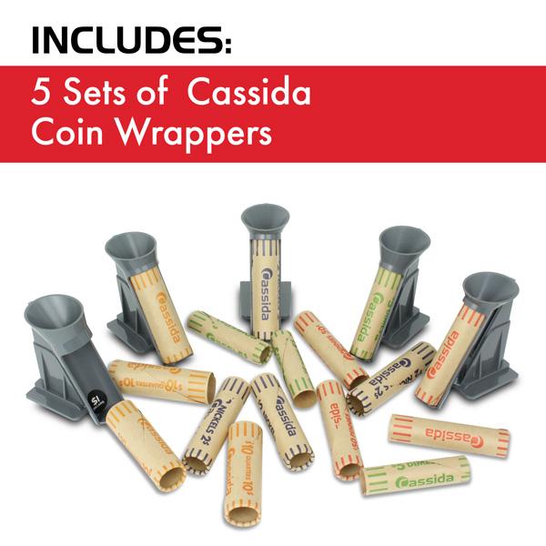 Cassida C300 Commercial-Grade Electronic Coin Sorter, Counter &amp; Wrapper 5 Sets of Cassida Coin Wrappers