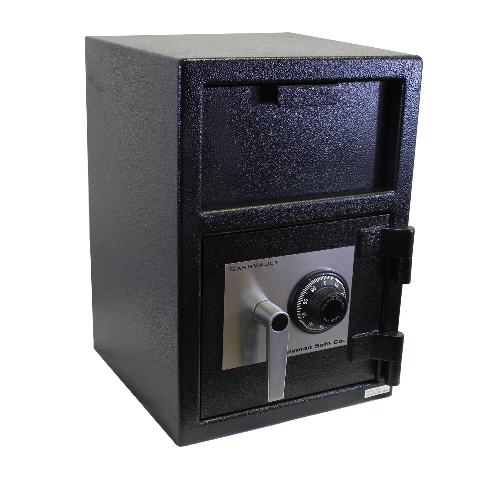 A black Hayman Safe CV-F20-C Front Loading Depository Safe with a combination dial and a metallic handle, labeled "cashvault" on an isolated white background.